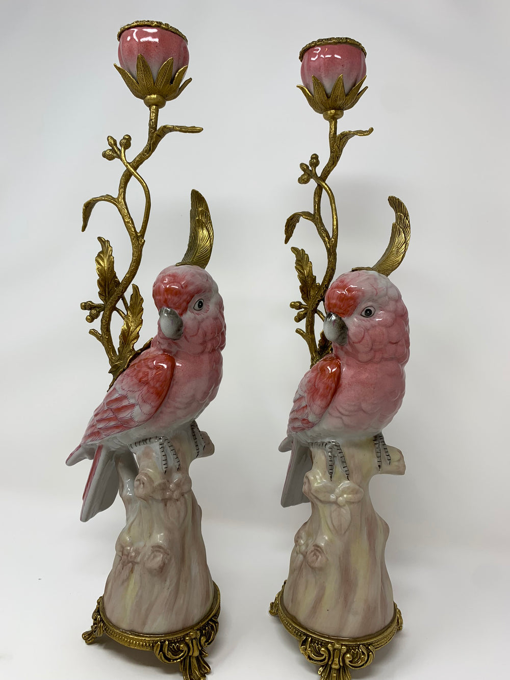Candle Stick Bird Pink, Candle Holder Pink Parrot Ceramic and Bronze, Designer Candlestick