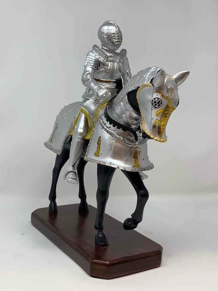 Large knight on horseback statue, German medieval knight sculpture, silver and gold medieval statue, crusader knight home décor, statement gothic statue