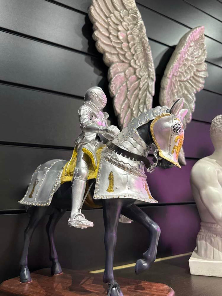 Medieval horse armour, German medieval decoration, armoured knight sculpture, historical knight statue, gothic home décor