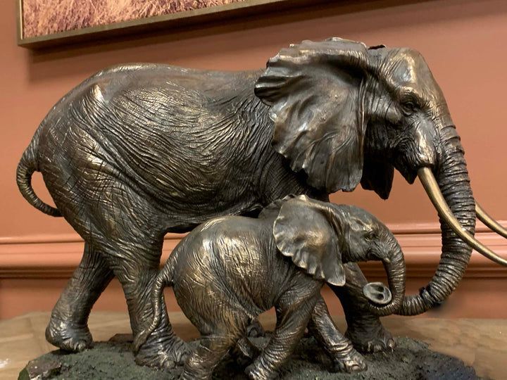 Elephant and Baby, Large Elephant Sculpture, Bronze Plated Resin Elephant