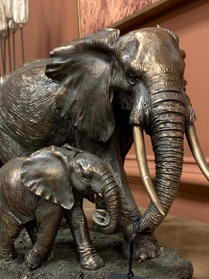 Elephant and Baby, Large Elephant Sculpture, Bronze Plated Resin Elephant