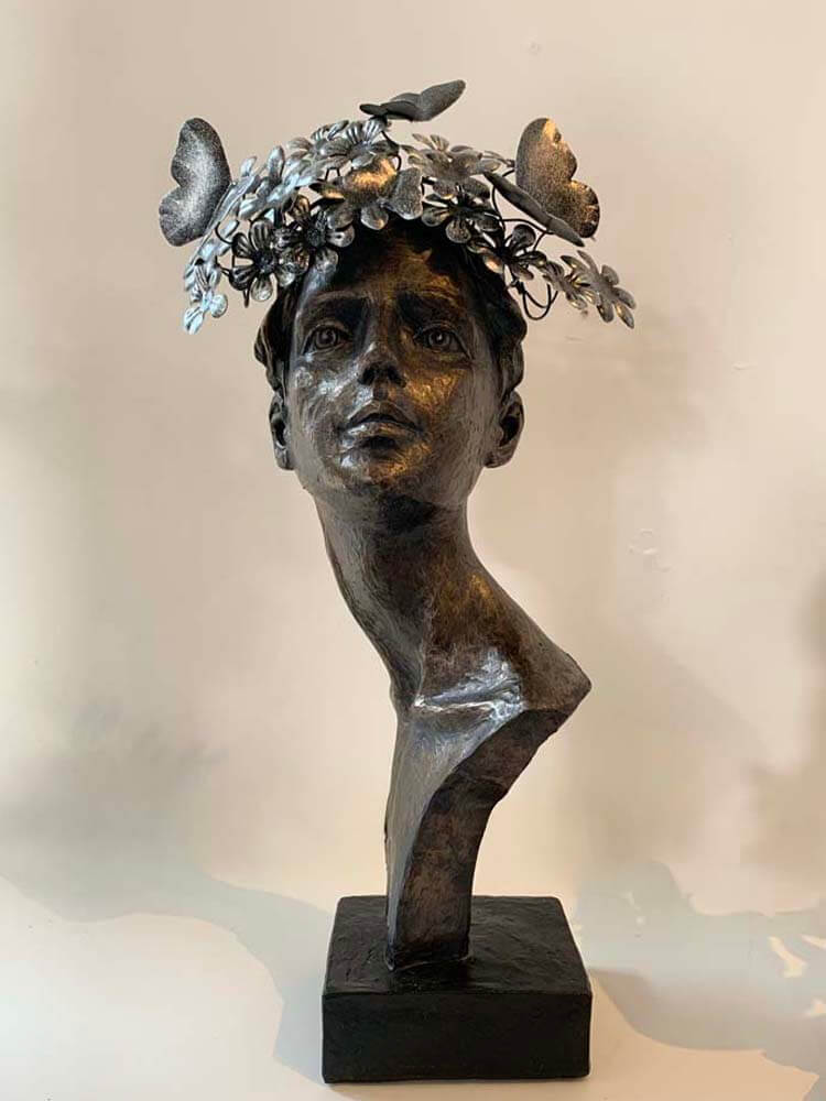 Bronze woman bust silver butterfly decoration