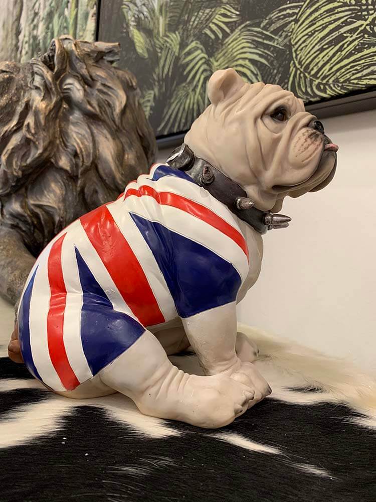 Large sitting English bulldog in Union Jack statue