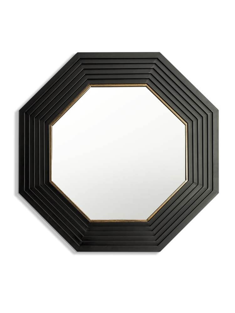 Large black and gold octagonal wall mirror with step-framed metal design 
