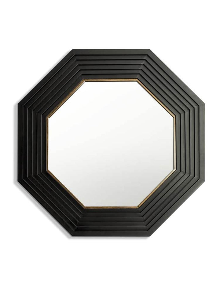 Large black and gold octagonal wall mirror with step-framed metal design 