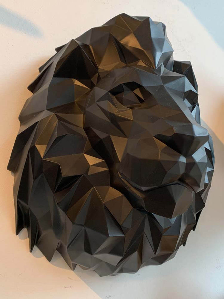 Black Geometric Lion Wall Head – Modern Origami Style Animal Wall Decor
