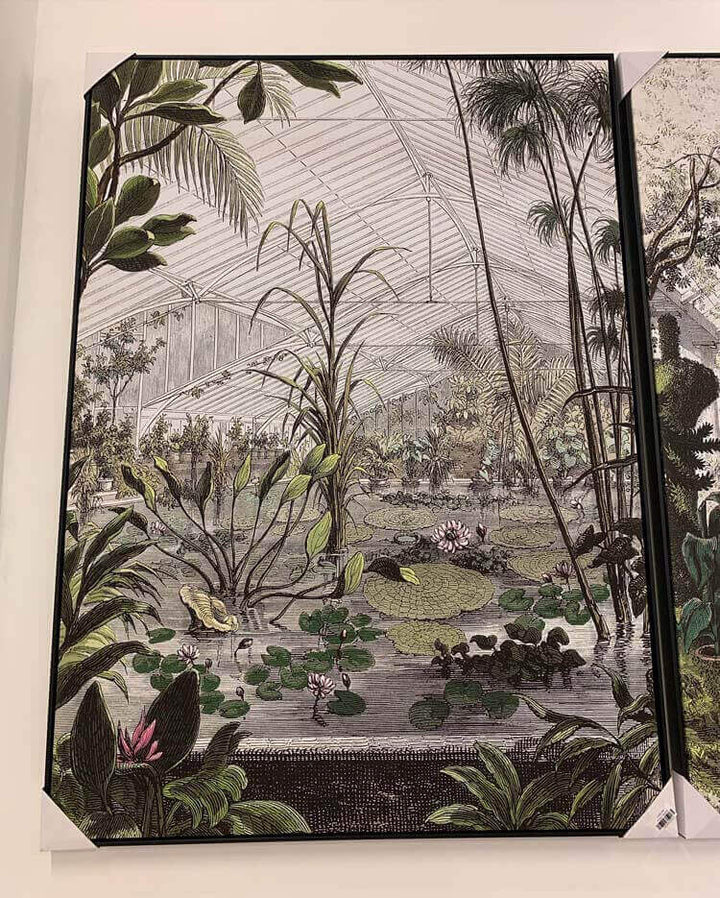 Illustration of a botanical garden with plants and a pond wall picture