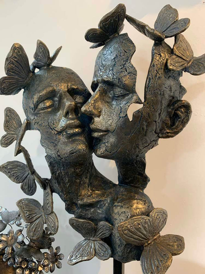 Lovers, Male and Female Faces With Butterflies on a Base Sculpture