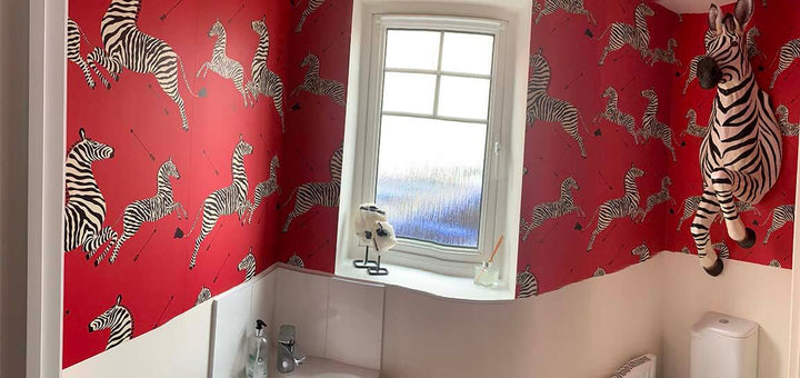 Zebra bathroom decoration, giraffe and zebra , designer wall paper,  Red Flying Zebra Wallpaper Abstract Wall Décor Jumping 