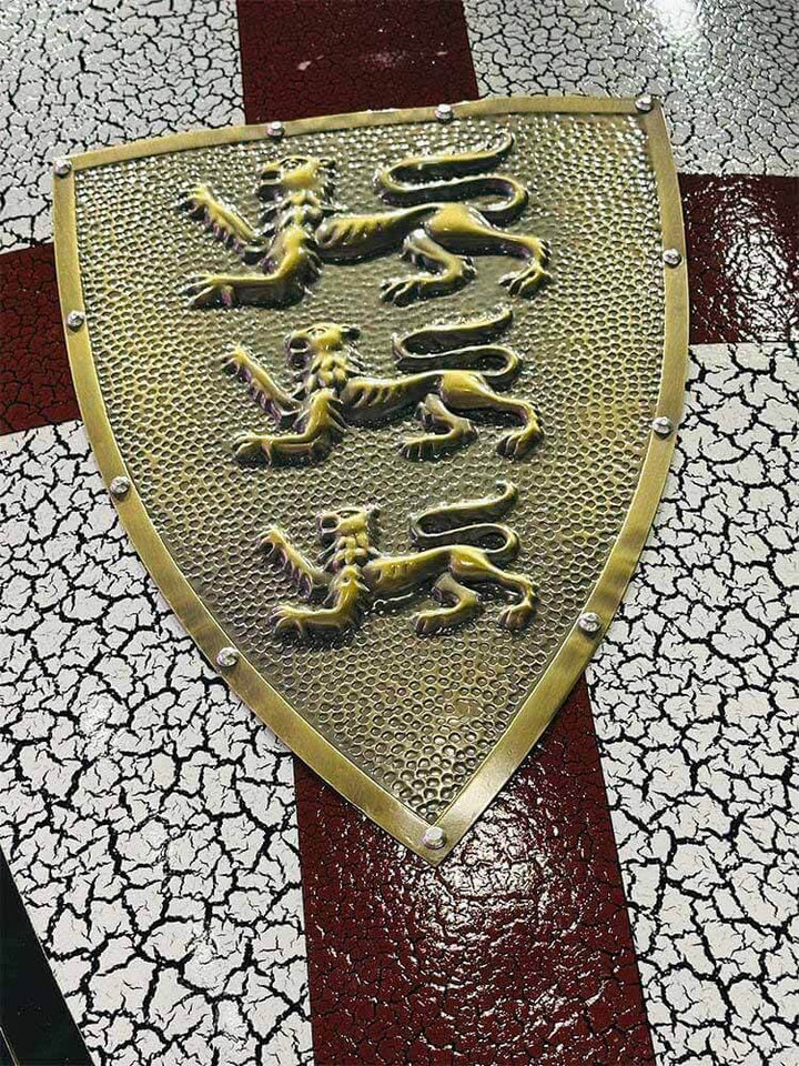 A medieval-style brass shield featuring three raised lions 