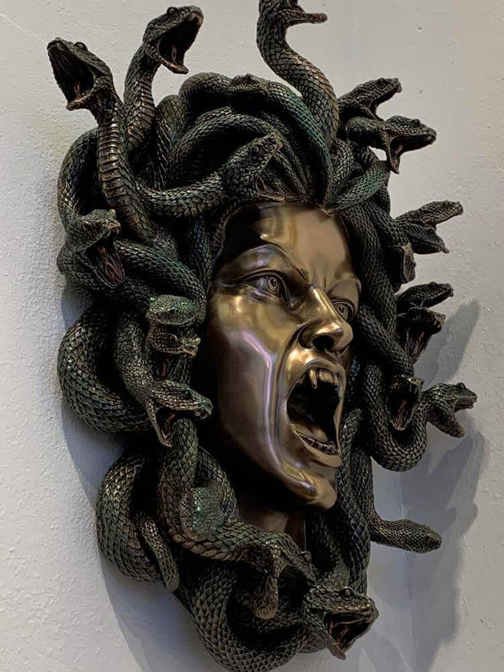 Medusa myth, snake hair, mythological figure, bronze plated cast iron sculpture, Medusa wall plaque