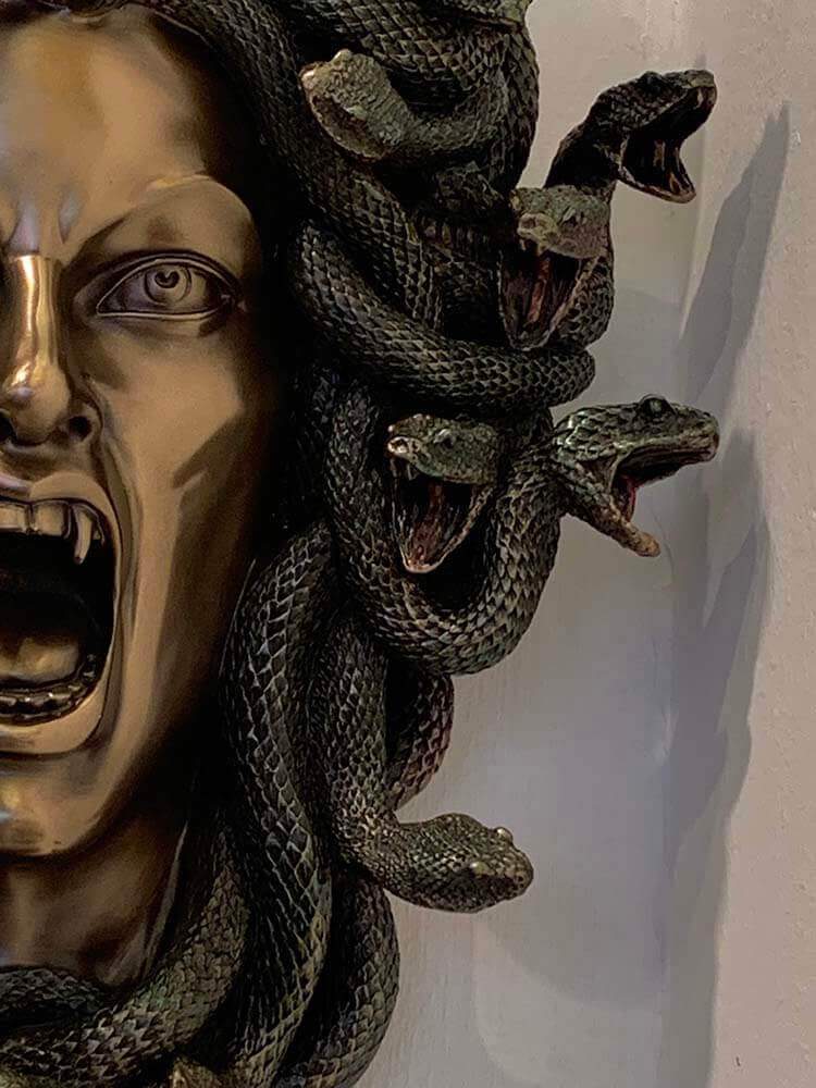mythological figure, bronze plated cast iron sculpture, Medusa wall plaque, Gorgon wall art, Greek mythology decor