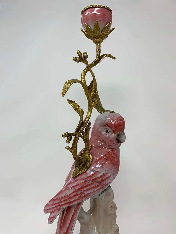 Pink Parrot Candle Holders, Porcelain and Bronze Candlestick, 43cm