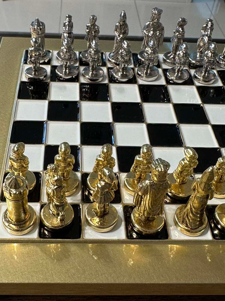 Small metal chess set, artisan chess set