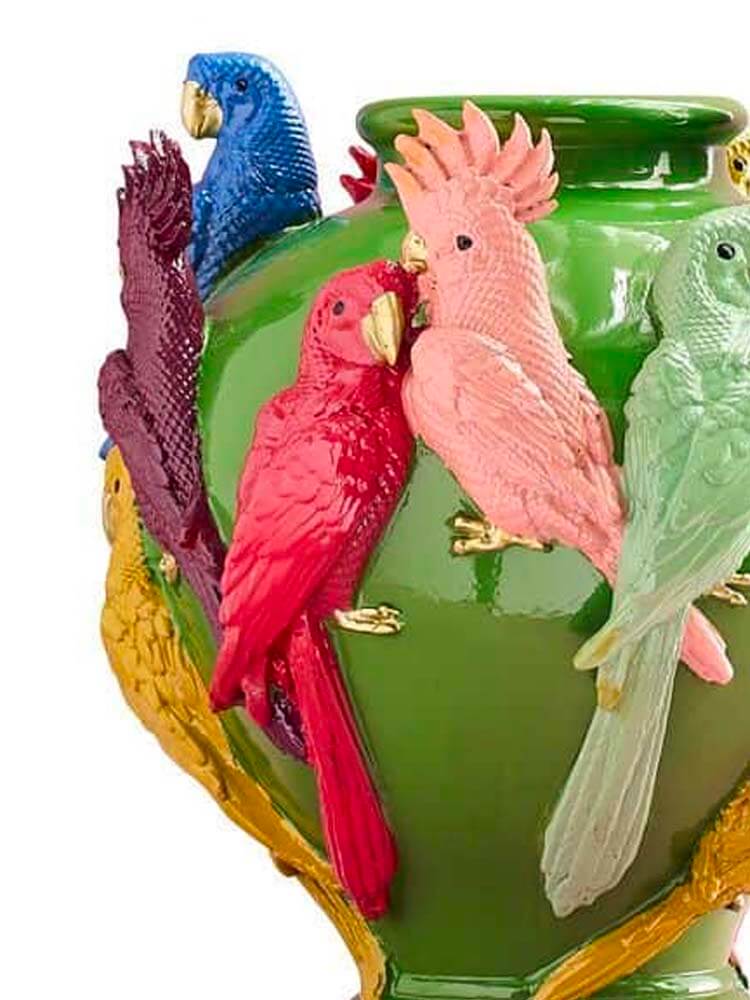 Decorative vase showcasing exotic, multicolour parrots