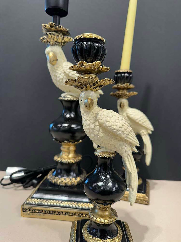 Antique-style parrot candle holder white cream black gold