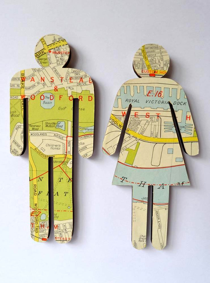 Map Covered Wooden Bathroom Sign, WC Door Sign, Male Female Sign