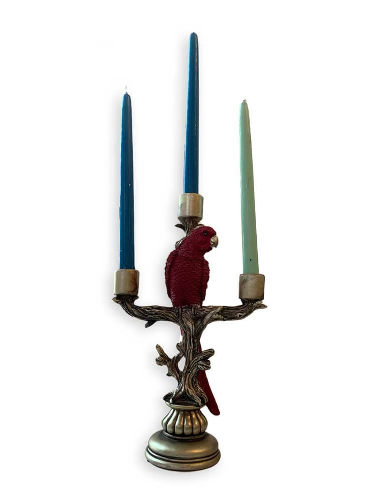 pink and gold candle holders, parrot design