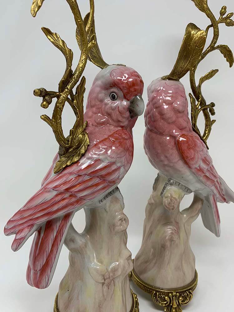 Pink Parrot Candle Holders, Porcelain and Bronze Candlestick, 43cm