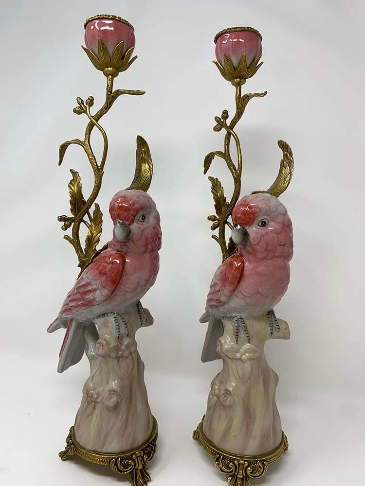 Pink Parrot Candle Holders, Porcelain and Bronze Candlestick, 43cm