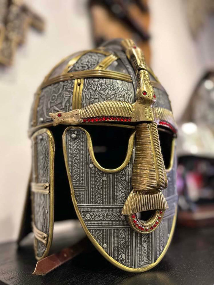 The Sutton Hoo helmet is an iconic early 7th-century Anglo-Saxon artifact discovered in a ship burial in Suffolk, England