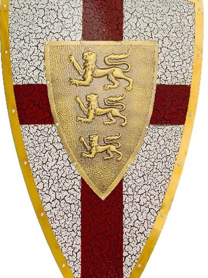 Decorative shield with gold lions on a red and white background, three brass lions