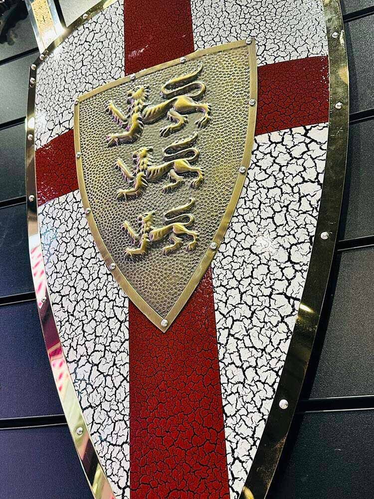 Royal Coat of Arms Shield, English Crusader Shield, Decorative Sword Hanger Shield, Medieval Home Décor, A medieval-style heraldic shield featuring a red St. George's cross