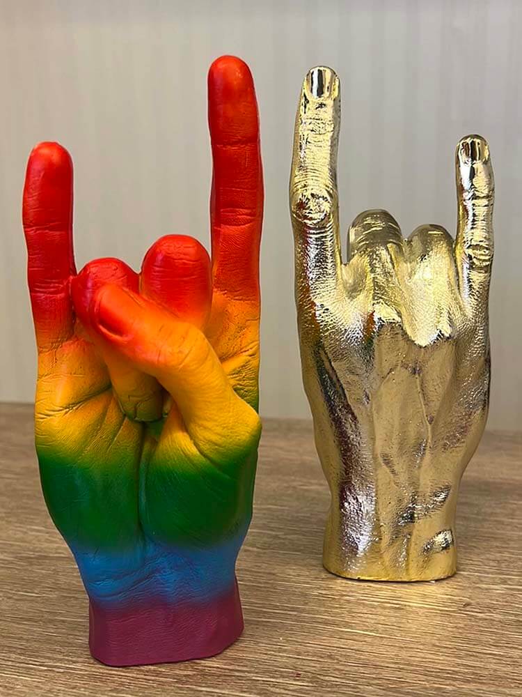Rainbow Hand Sculpture You Rock, Pink Hand Sculpture, Having A Good Time Hand Gesture