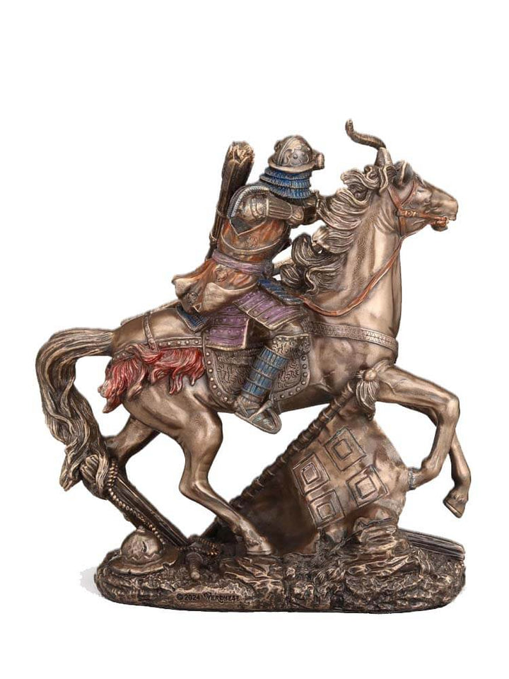 Japanese Warriors Statue, Samurai Mounted Cavalry Charge Bronze, 17cm