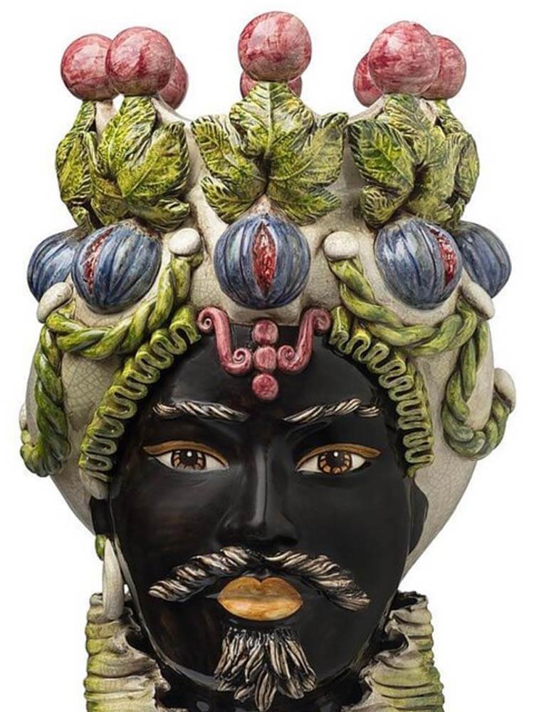 Moro Man Vase Black, Hand-painted Sicilian ceramic planter from Caltagirone, depicting a Moor’s head and inspired by a historic love legend