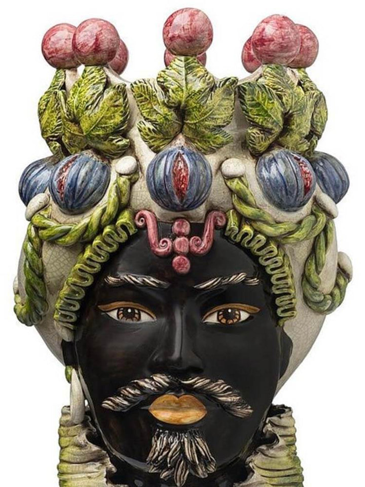 Moro Man Vase Black, Hand-painted Sicilian ceramic planter from Caltagirone, depicting a Moor’s head and inspired by a historic love legend