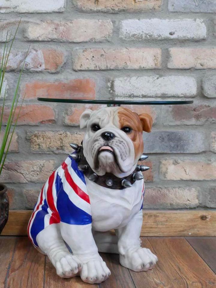 English Bulldogs in Union Jack coat glass top table