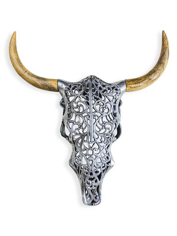 Decorative bull skull with intricate silver design, Bison Skull Wall Sculpture metal