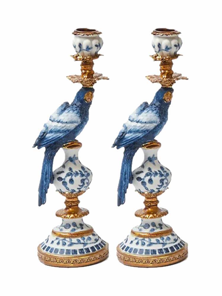 Small set of two Chinoiserie blue and white parrots candle holders