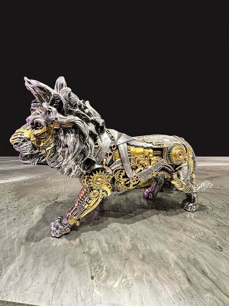 Metallic lion sculpture with mechanical gear details silver and gold lion statue 