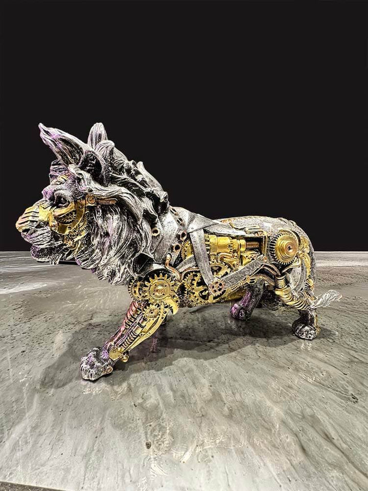 Metallic lion sculpture with mechanical gear details silver and gold lion statue 
