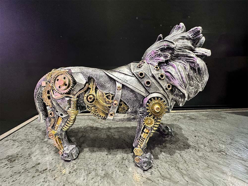 Steampunk-style mechanical lion sculpture