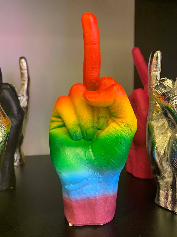 swearing hand sign sculpture, Fuck You Middle Finger hand symbol, Pride month gift ideas, rainbow colour hand gesture signs