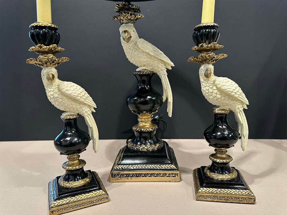 Cream, gold and black parrot candle holder, Ornate column candle holders with bird design