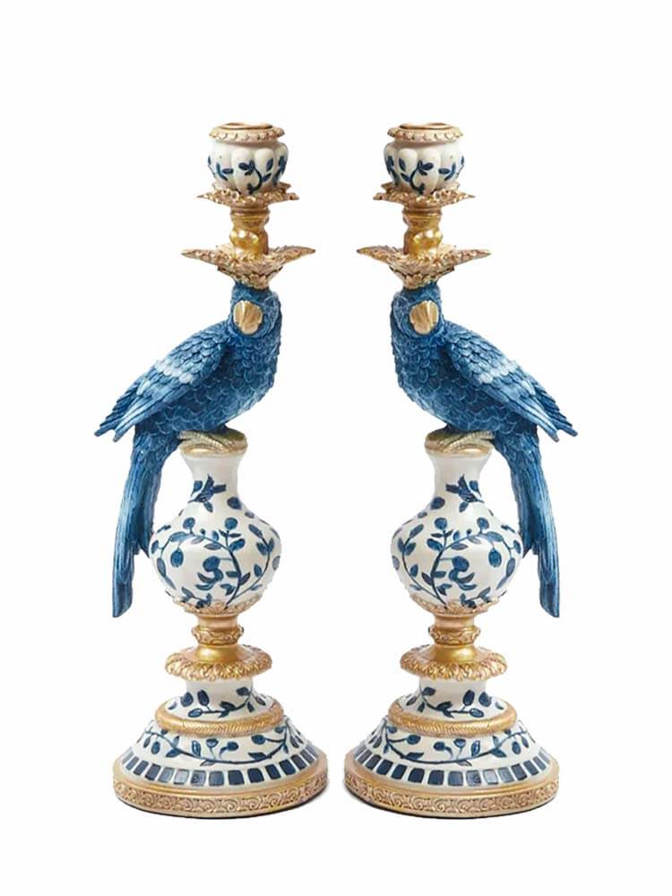 Large parrots, Chinoiserie blue and white parrots candle holders