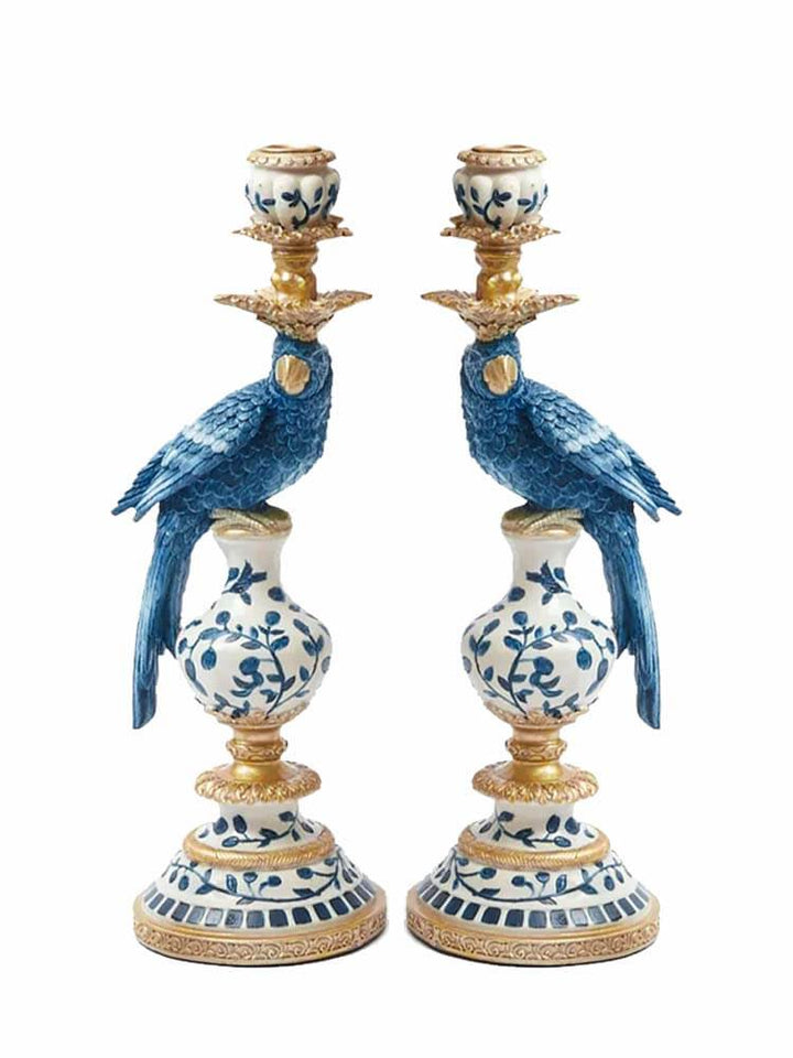 Large parrots, Chinoiserie blue and white parrots candle holders