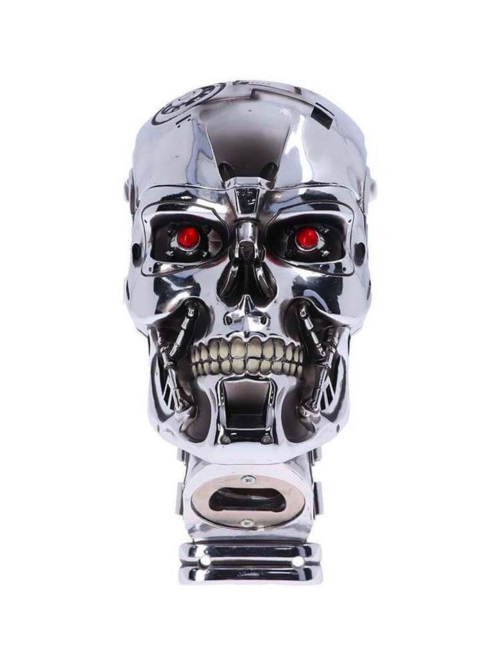 The T-800 was the first Terminator to feature a human-styled skeleton made from coltan and titanium alloy. This officially licensed Terminator 2: Judgment Day merchandise features the iconic T-800 robotic skull, designed as a stylish and functional wine bottle opener for fans and collectors.