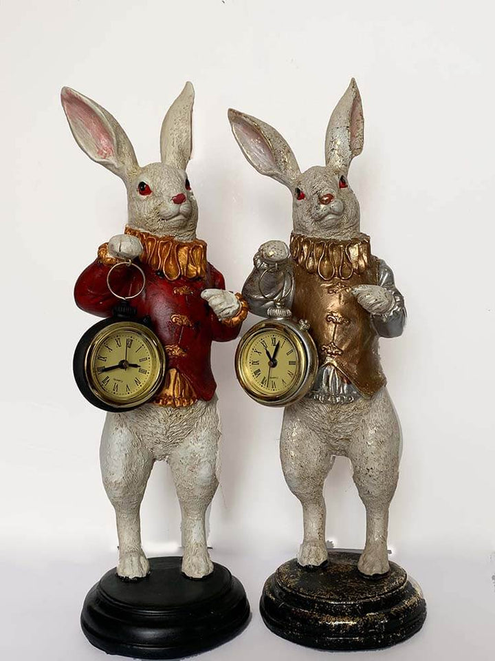 Alice in Wonderland White Rabbit standing figure holding a small working clock