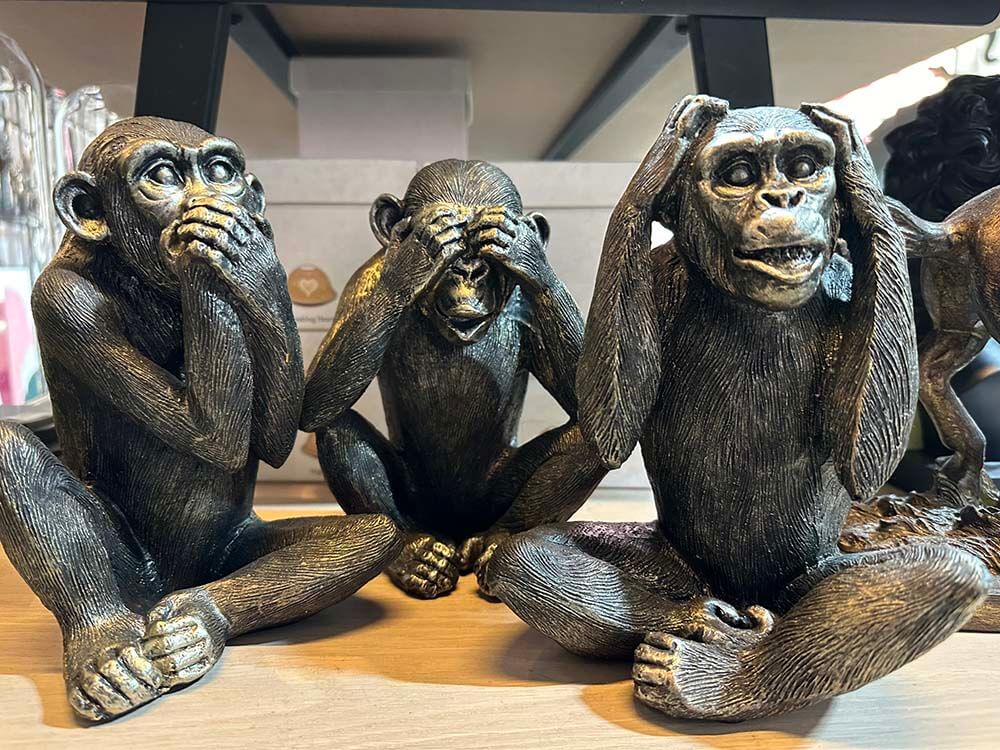 The Dark Bronze 3 Wise Monkeys set features figurines of the well-known trio depicting "Hear No Evil, See No Evil, Speak No Evil."