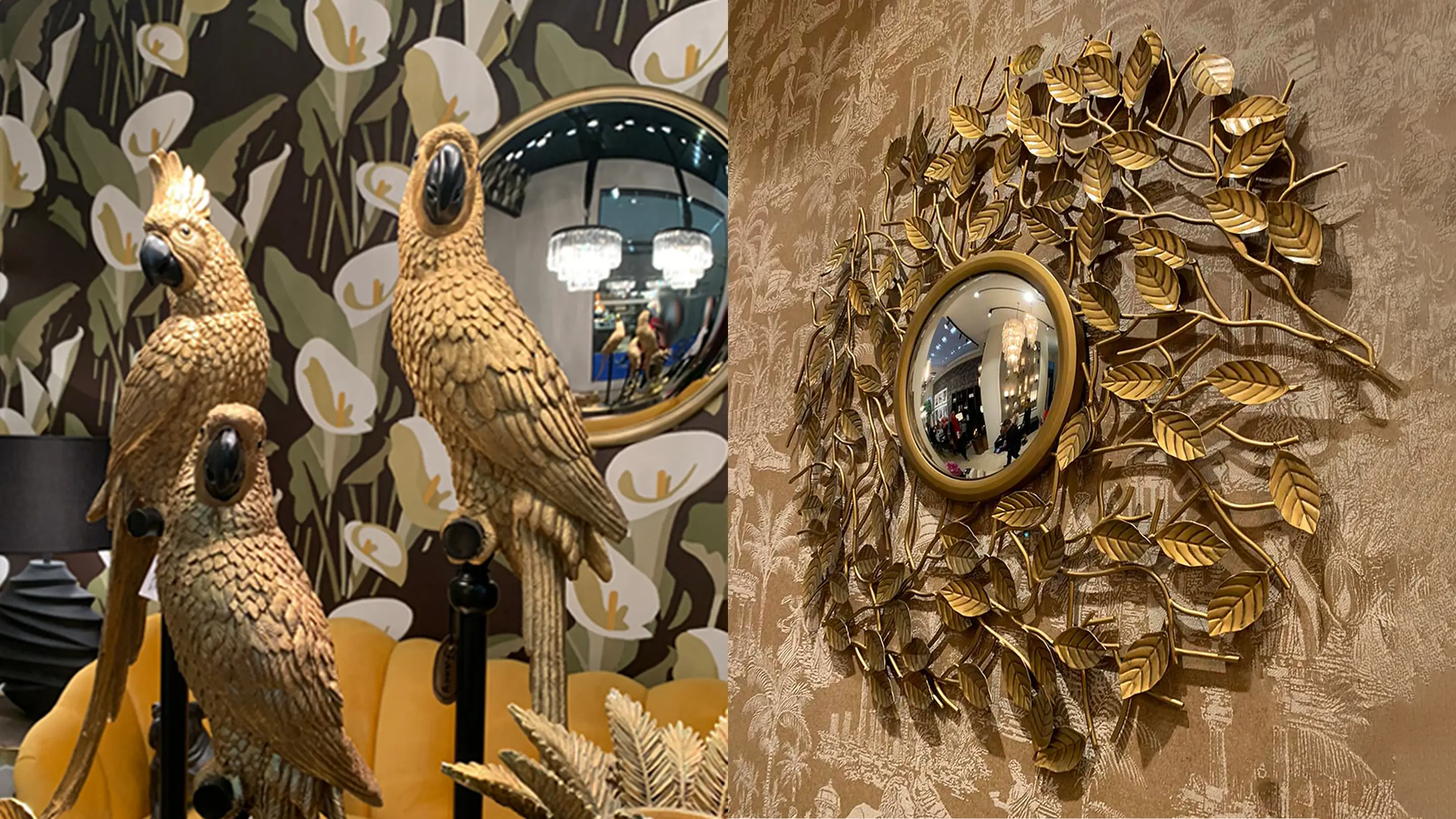 Botanical inspired home decor, botanical wall pictures, gold parrot ornaments, Artificial plants, Leaf wall mirror, Butterfly mirrors.