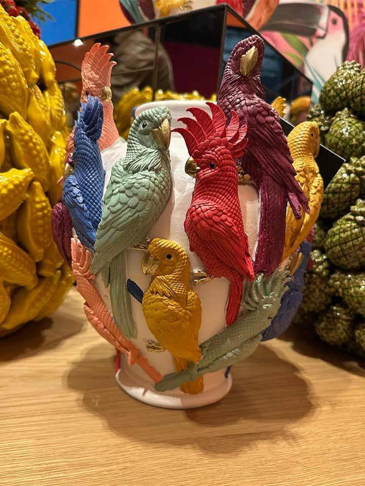 Ornamental vase featuring colourful parrot motifs. A vibrant, exotic statement piece perfect for eclectic, tropical, or maximalist interiors.