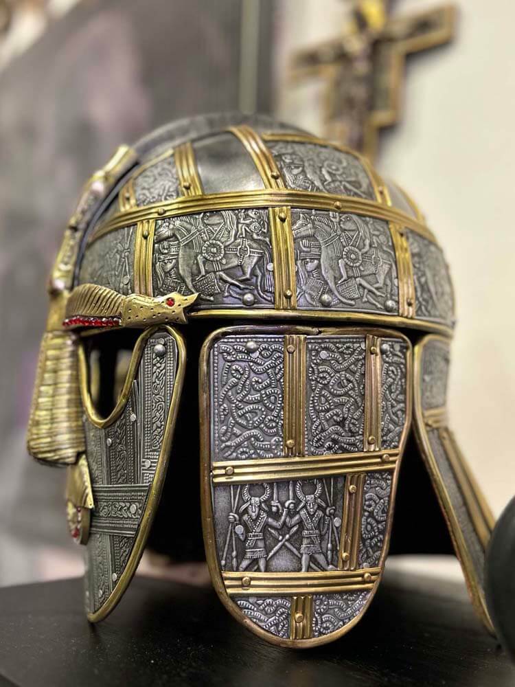 Anglo-Saxon Helmet, Sutton Hoo Warriors, The Dig film, archology 
