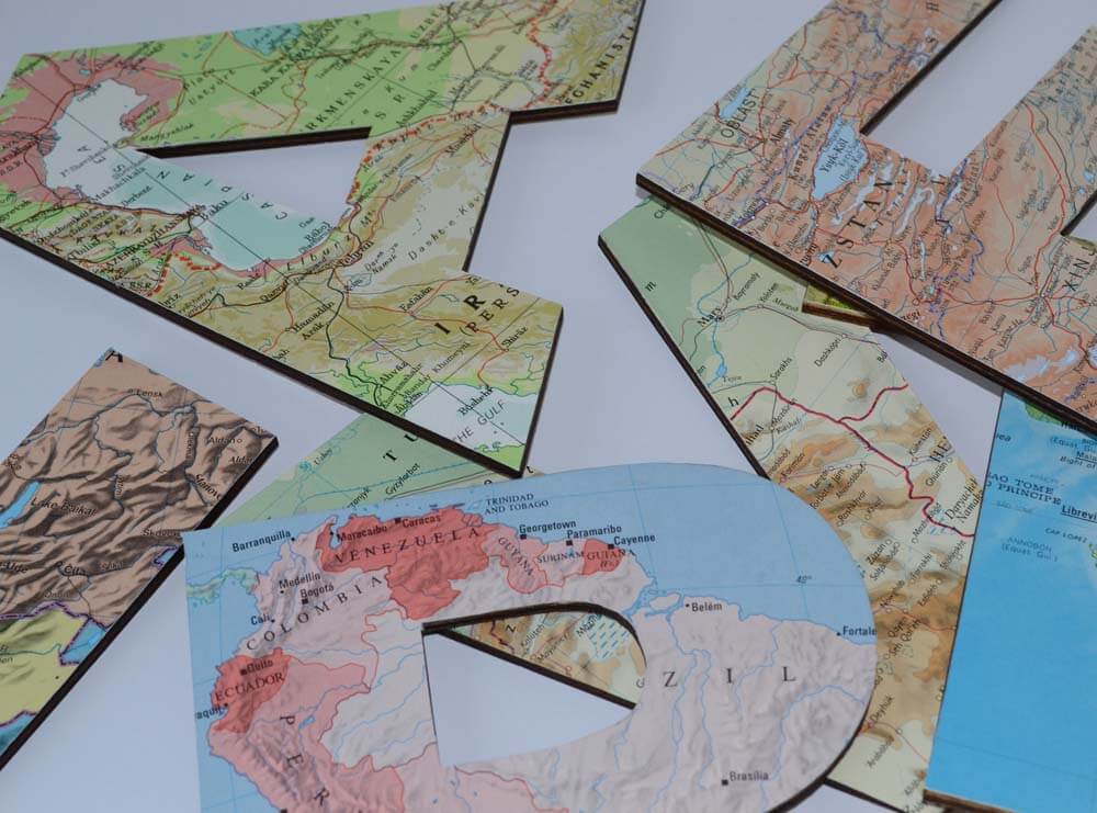 map topped letters and decor