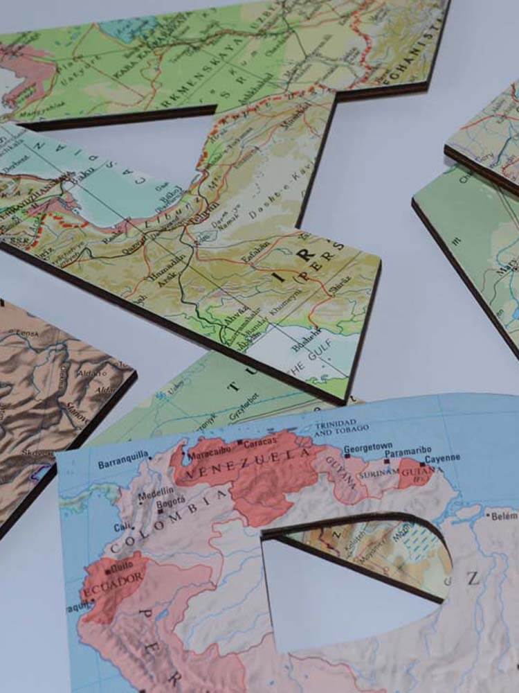 Map-topped letters made of original vintage maps and wood 