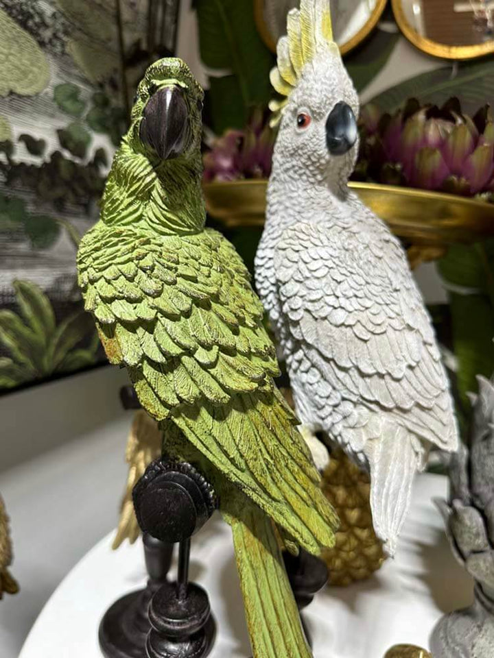 White Cockatoo Bird Figurine , White Cockatoo Ornament, perched on a stand,